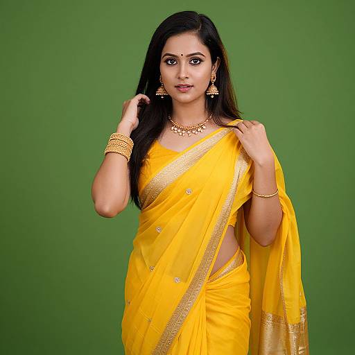 Photograph of an Indian woman in a vibrant yellow saree with gold trim, wearing gold jewelry, standing against a solid green background.