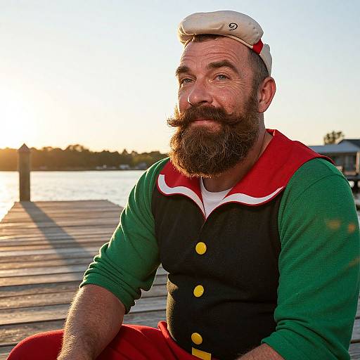 Photograph of a bearded man with a white cap, green and red vest, and black sleeves, sitting on a wooden dock at sunset.