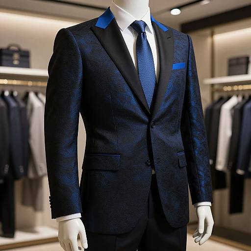 Photograph of a headless mannequin in a dark blue, textured suit with blue lapels and pocket square, white shirt, and navy tie