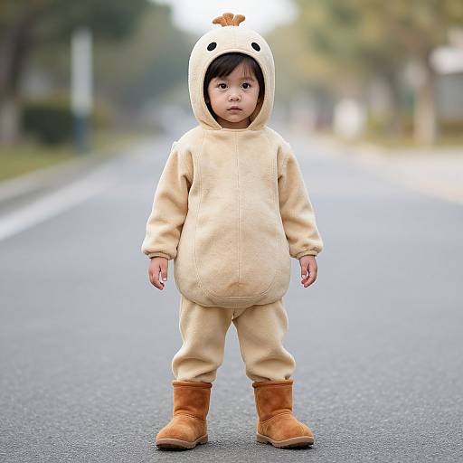 Photograph of a young Asian boy wearing a beige chicken costume with hood, brown boots, standing on an empty, blurred street.
