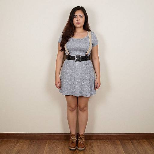Photograph of a plus-sized Asian woman with long black hair, wearing a blue polka-dot dress, black belt, and brown boots, standing against