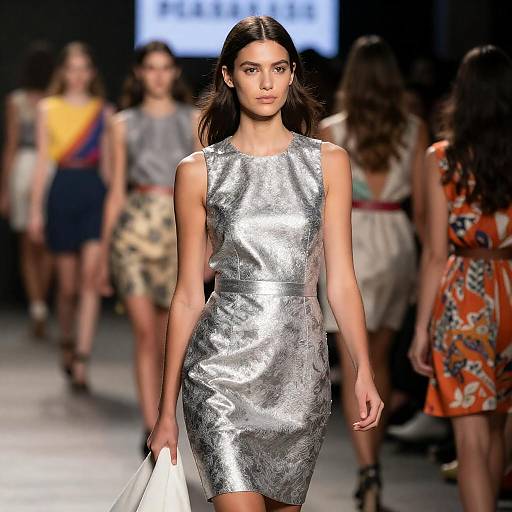 Confident Woman in Silver Patterned Dress