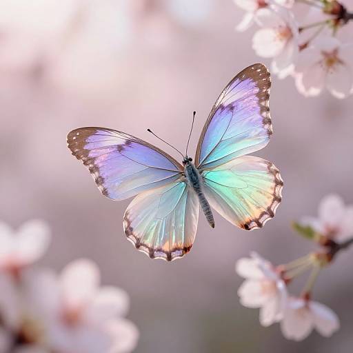 Iridescent Butterfly Over Cherry Blossoms