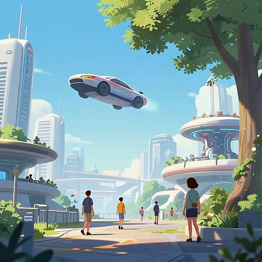 Futuristic Cityscape with Flying Car