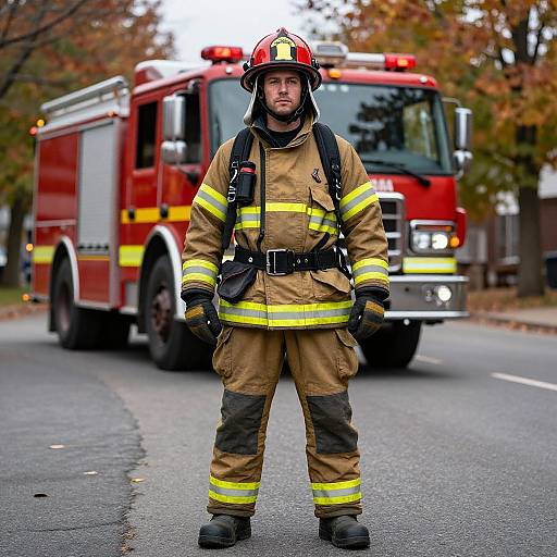 Photograph of a bearded male firefighter in tan gear with yellow stripes, standing in front of a red firetruck on a suburban street with autumn trees