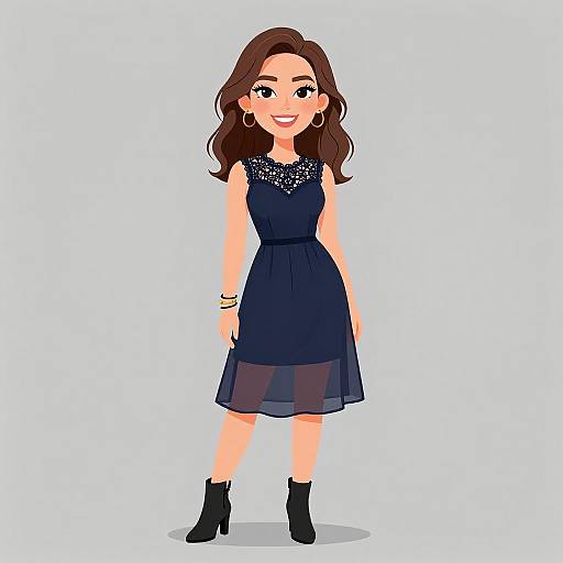 Cartoon-style illustration of a smiling woman with long brown hair, wearing a sleeveless navy dress, black ankle boots, and gold earrings.