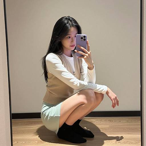 Asian Woman Squatting Taking Mirror Selfie
