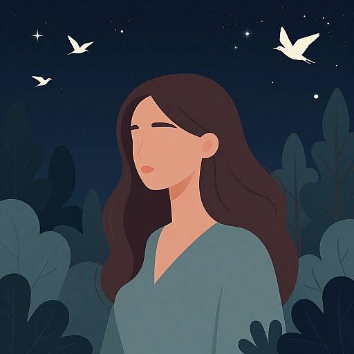 Digital illustration of a serene woman with long brown hair, closed eyes, and blue shirt, standing in a dark, starlit night with white birds flying
