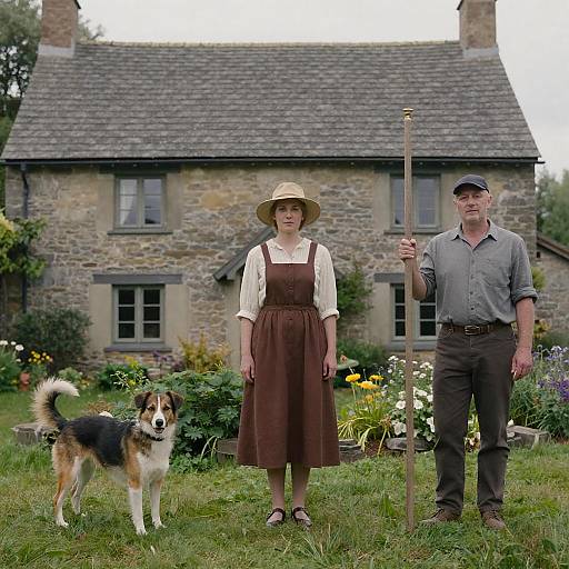 Charming Cottage Scene with Friends and Dog