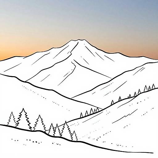Minimalist digital drawing of snowy mountain range with simple black lines, small pine trees, and a gradient sky from orange to blue.
