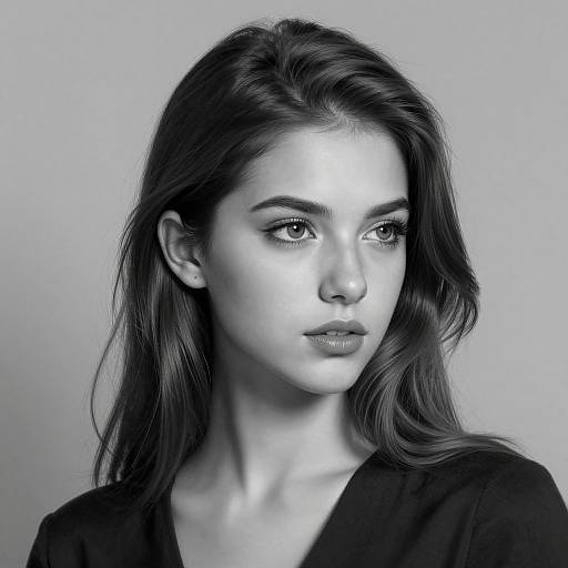 Black-and-white photograph of a young woman with long, wavy hair, sharp eyebrows, and subtle makeup, wearing a dark top, gazing slightly