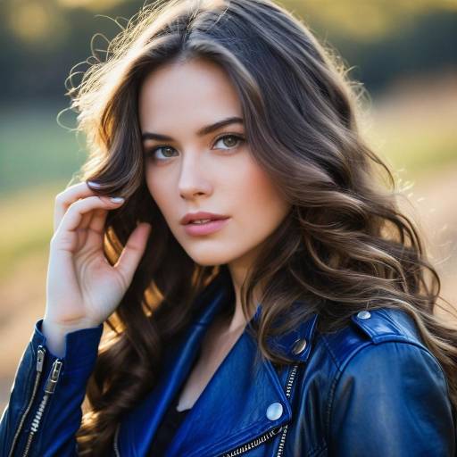 Young Woman in Blue Leather Jacket Outdoors