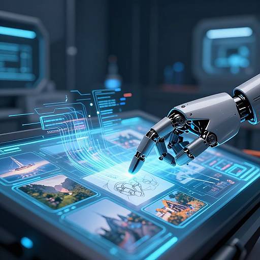 Photograph of a futuristic robotic hand interacting with a glowing, blue-lit holographic interface displaying images and digital icons.