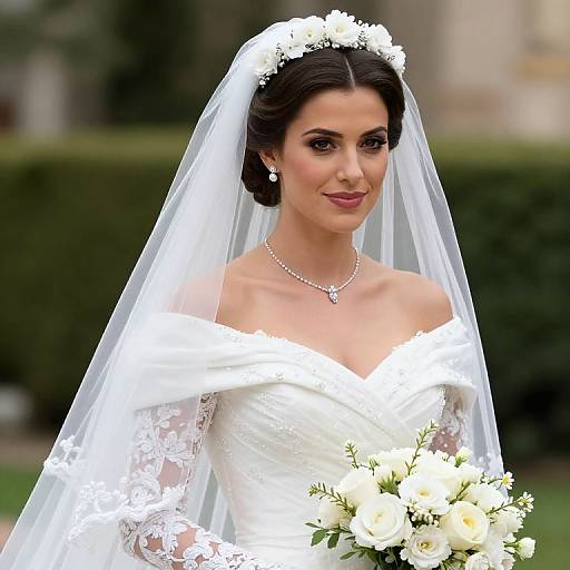Photograph of a beautiful South Asian bride with dark hair in an updo, wearing an off-shoulder white lace wedding dress, veil, and