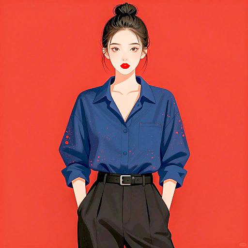 Illustration of East Asian Woman in Blue Shirt