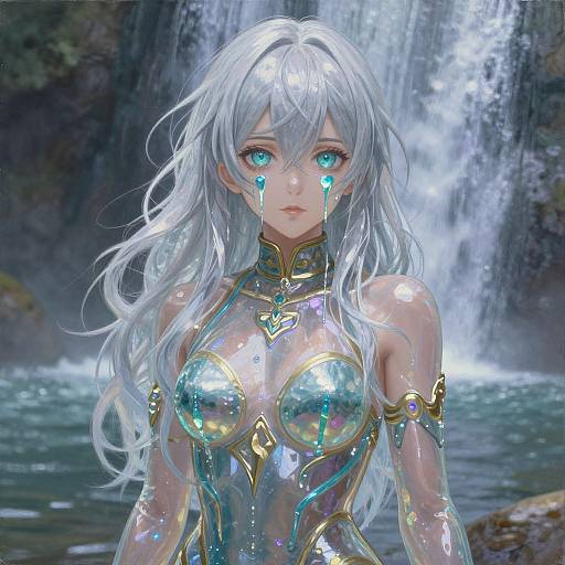 Digital anime-style artwork of a silver-haired, blue-eyed woman with tears, wearing a shimmering, reflective, gold-accented bodysuit,