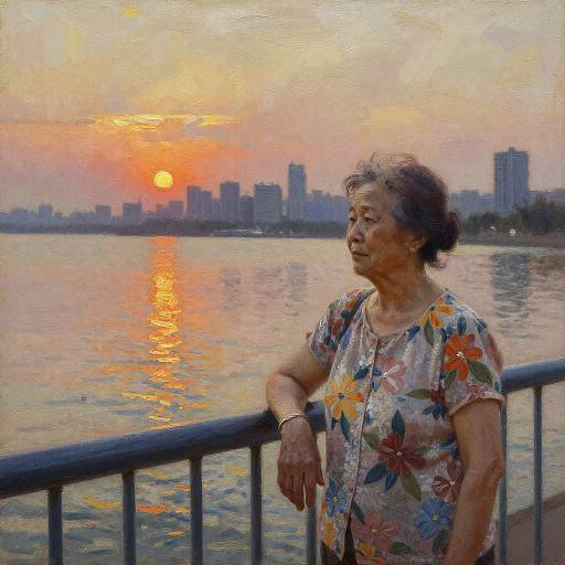 Elderly Woman by City Skyline Sunset