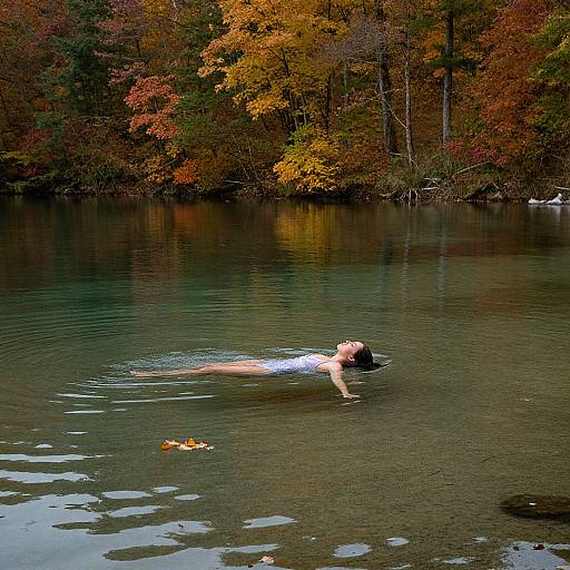 Photograph of a man with short dark hair, shirtless, floating on a serene lake with autumn-colored trees in the background.
