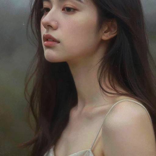 Photograph of an Asian woman with long, dark hair, fair skin, and pink lips, wearing a white spaghetti-strap top, looking slightly to