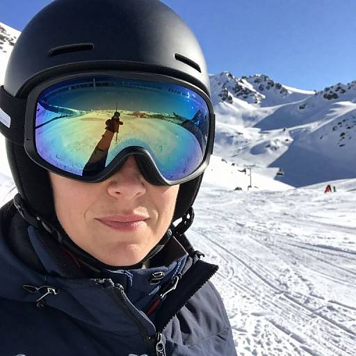 Photograph of a woman in black helmet and ski goggles, reflecting snowy mountain landscape, wearing black winter jacket, smiling slightly, standing on snow-covered slope