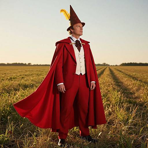 Photograph of a man in a red wizard costume with a tall hat and yellow feather, standing in a sunlit grass field.