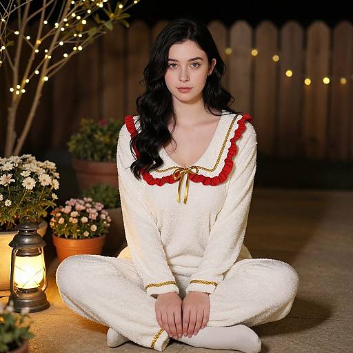 Photograph of a young woman with long black hair, fair skin, and brown eyes, sitting cross-legged in a white, ruffled pajama set