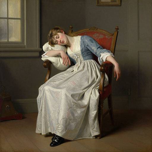 Photograph of a weary woman in 19th-century attire, sleeping on an ornate red chair in a dimly lit room.
