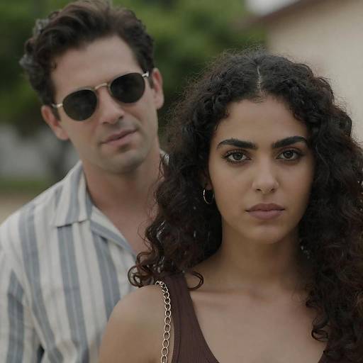 Photograph of a serious dark-haired woman with curly hair in a brown top, standing in front of a man with dark hair, sunglasses, and a