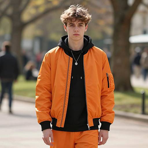 Photograph of a young man with tousled brown hair, wearing an orange bomber jacket, black hoodie, and matching pants, standing in a sunlit