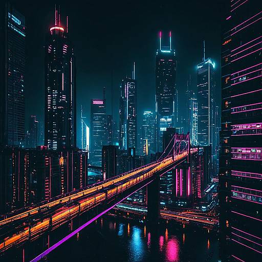 Cyberpunk Neon Cityscape with Bridge at Night
