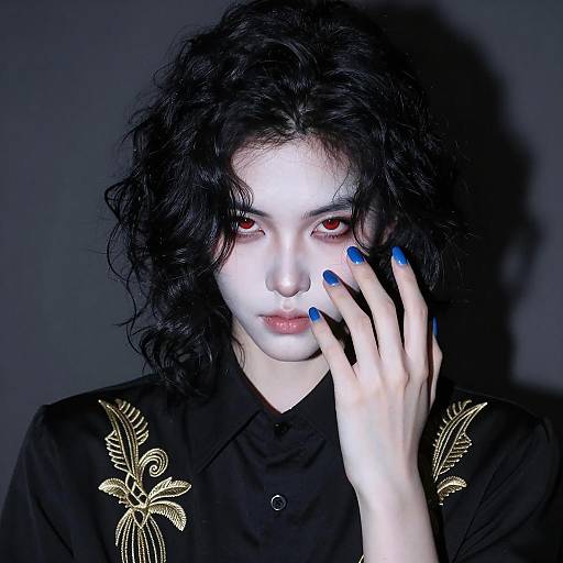 Androgynous person with red eyes and gold embroidered shirt