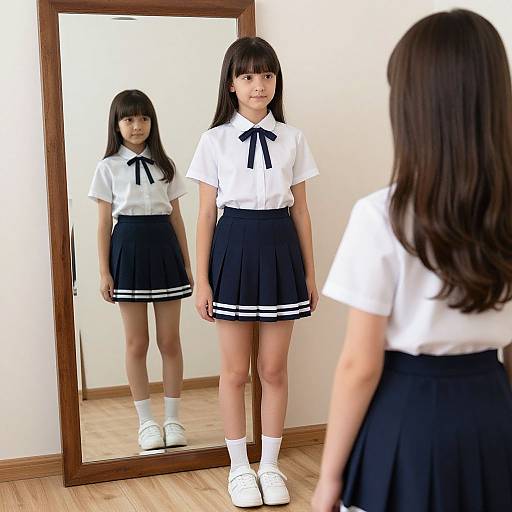Photograph of a young Asian girl with long black hair, wearing a white shirt, black ribbon, and skirt, standing in front of a mirror,