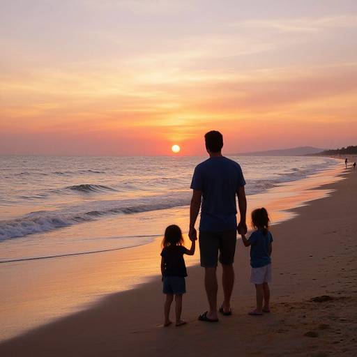 Photograph of a silhouetted man and two children holding hands on a beach at sunset, with vibrant orange and pink sky.