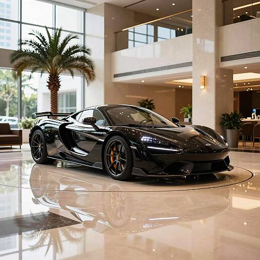 Sleek Black Sports Car in Luxury Lobby