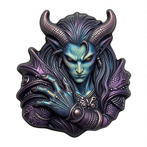 Digital illustration of a blue-skinned, horned demon with intricate purple and black armor, featuring glowing accents and detailed textures.