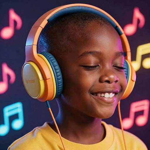 Photograph of a smiling young African boy with dark skin, wearing yellow shirt and orange-yellow headphones, listening to music with musical notes in colorful background.