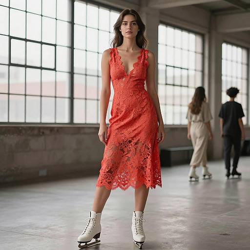 Woman in Coral Lace Dress Wearing White Skates