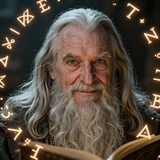 Photograph of an elderly wizard with long white hair and beard, glowing runes circling his head, holding a book, serious expression, dark background.