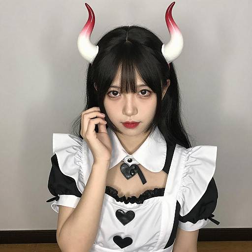 Asian Woman in Maid Outfit with Horns