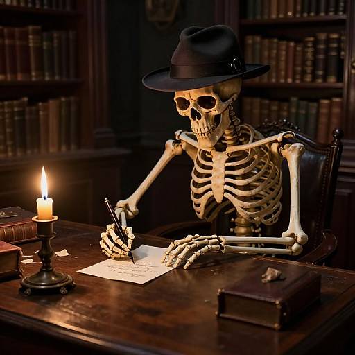 Skeleton in Fedora Writing Love Letter by Candlelight
