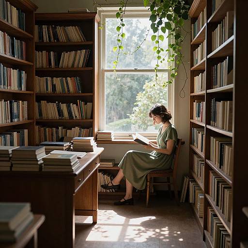 Photograph of a woman in a green dress, reading in a sunlit library aisle with tall bookshelves, potted plants, and a window
