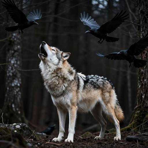 Photograph of a howling wolf with gray and white fur, standing in a dark forest, surrounded by flying black crows.