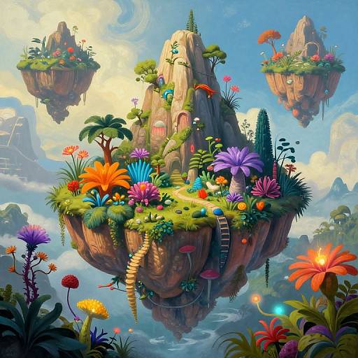 Whimsical digital painting of floating flower-covered islands with colorful blooms, small houses, and ladders, set in a vibrant, cloudy sky.