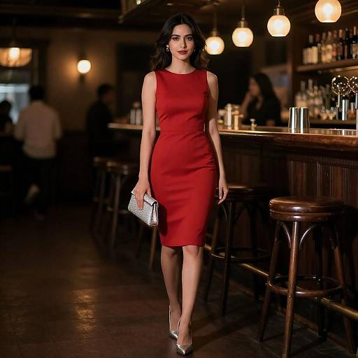 Confident Woman in Red Dress at Bar