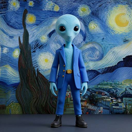 Digital artwork of a blue-skinned alien in a blue suit, standing in front of Vincent van Gogh's 