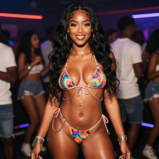 Photograph of a smiling, dark-skinned woman with long black hair in a colorful, patterned bikini, accessorized with gold chains and bracelets,