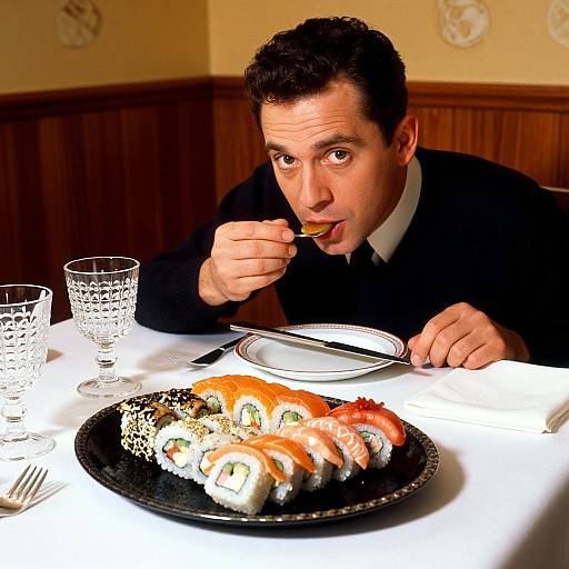Photograph of a man with short dark hair, wearing a black suit, enthusiastically eating sushi with chopsticks at a restaurant table.
