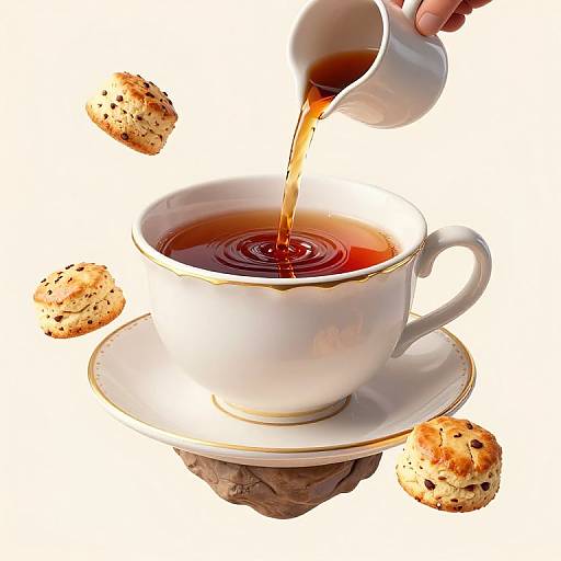 Photograph of a white teacup with gold trim, filled with tea being poured, surrounded by floating chocolate chip cookies.