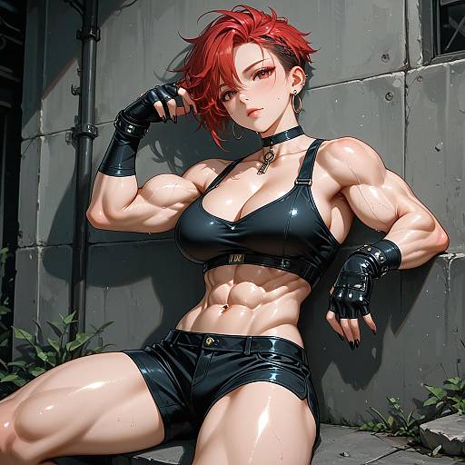 Muscular Anime Woman in Black Outfit