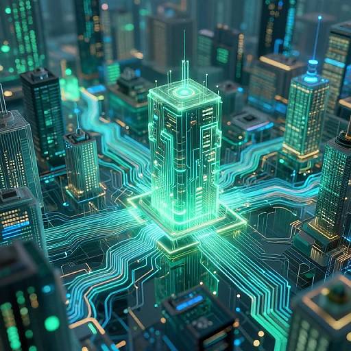 Digital CGI cityscape with glowing, neon-blue circuitry lines connecting a central, illuminated, futuristic skyscraper amid dark, blurring high-rise buildings.